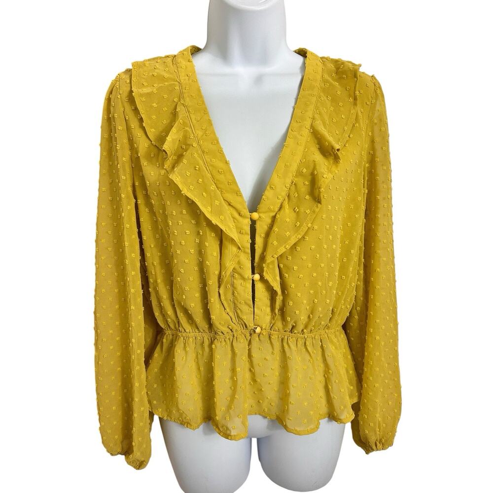 Favlux Fashion Blouse Sz L Long Balloon Sleeve V-Neck Textured Top Mustard - Picture 6 of 9